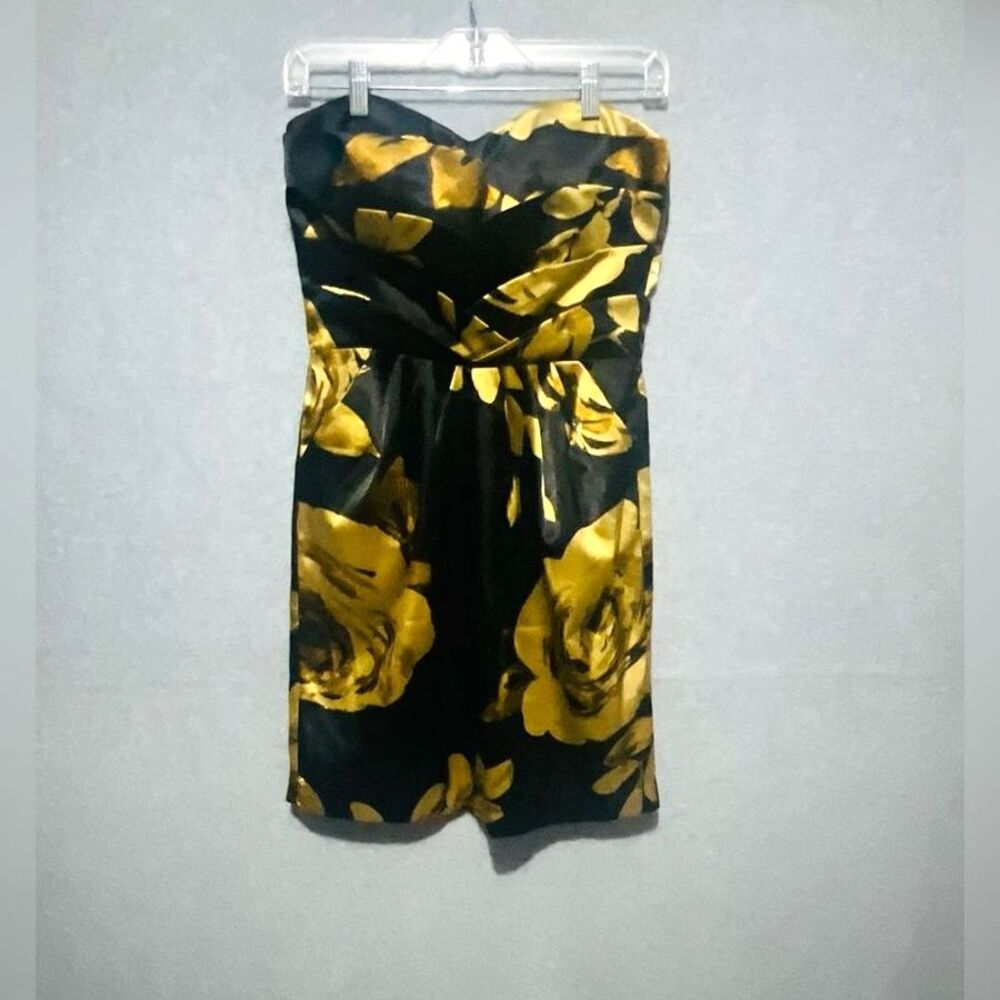 Snap Black Gold Floral Satin Strapless Dress Small Sweetheart Cocktail Party